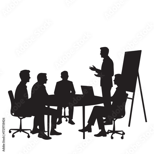 Silhouettes of business people sitting, men and women sit on armchair, office chair with laptop, tablet, as a office meeting.

