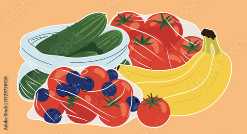 Fresh produce including cucumbers tomatoes bananas blueberries and more ready for healthy meals.