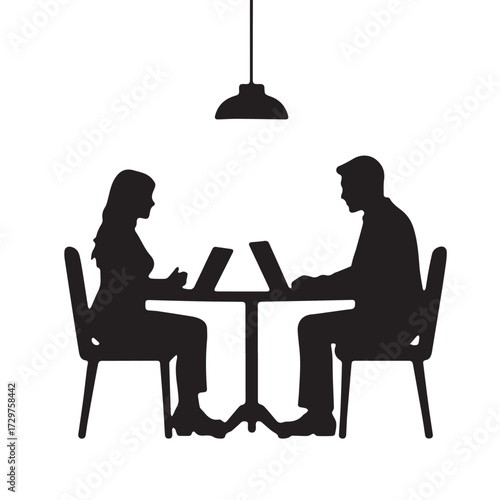 Silhouettes of business people sitting, men and women sit on armchair, office chair with laptop, tablet, as a office meeting.

