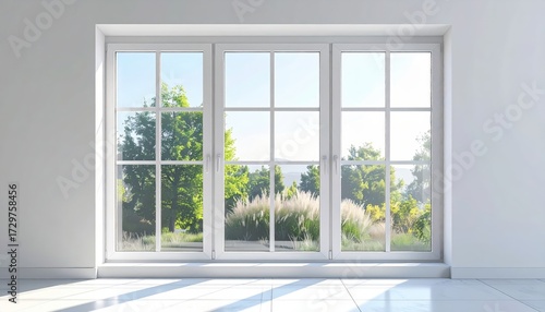 Bright sunlight streams through a large white window, illuminating the interior space with natural light and offering a clear view of a lush, green outdoor landscape filled with vibrant trees,...