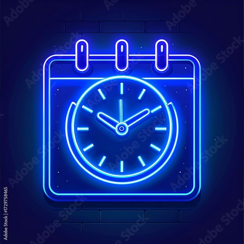 Blue neon clock icon on calendar against a dark brick wall