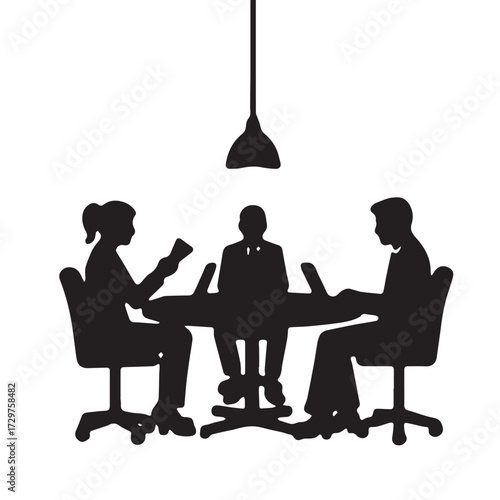 Silhouettes of business people sitting, men and women sit on armchair, office chair with laptop, tablet, as a office meeting.
