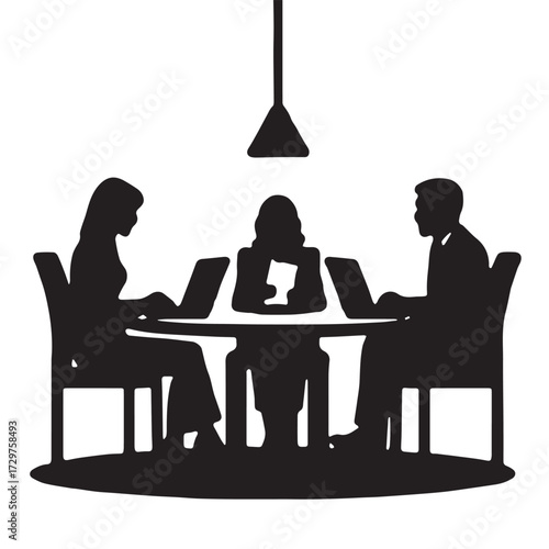 Silhouettes of business people sitting, men and women sit on armchair, office chair with laptop, tablet, as a office meeting.
