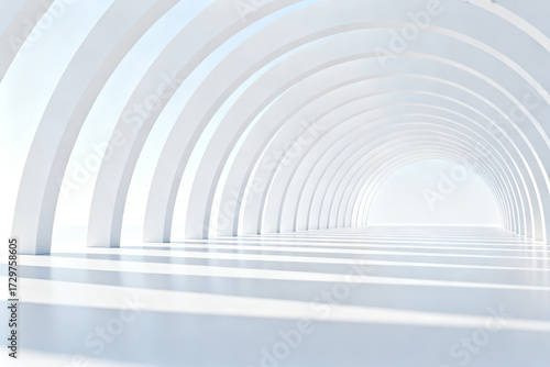 Wallpaper Mural A long, white, arched tunnel with a futuristic design and reflective floor leading to a bright light at the end. Torontodigital.ca