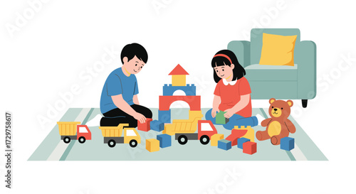 Two children happily building a colorful block tower and playing with toy trucks.