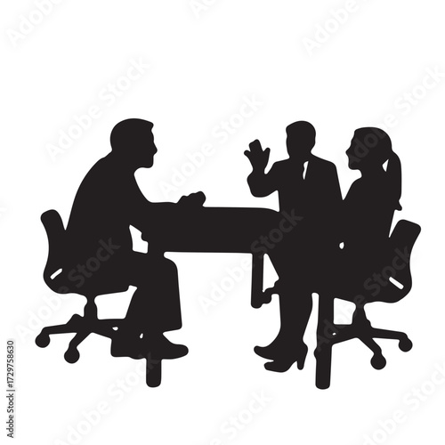 Silhouettes of business people sitting, men and women sit on armchair, office chair with laptop, tablet, as a office meeting.
