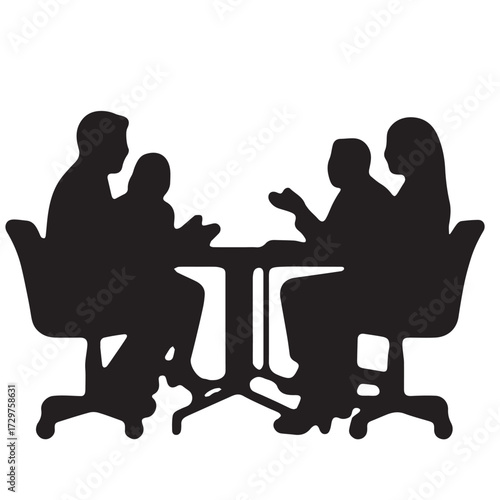 Silhouettes of business people sitting, men and women sit on armchair, office chair with laptop, tablet, as a office meeting.

