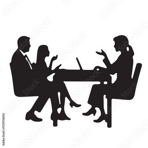 Silhouettes of business people sitting, men and women sit on armchair, office chair with laptop, tablet, as a office meeting.
