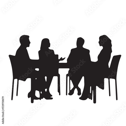Silhouettes of business people sitting, men and women sit on armchair, office chair with laptop, tablet, as a office meeting.
