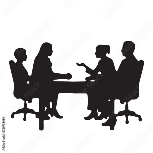 Silhouettes of business people sitting, men and women sit on armchair, office chair with laptop, tablet, as a office meeting.
