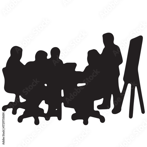 Silhouettes of business people sitting, men and women sit on armchair, office chair with laptop, tablet, as a office meeting.

