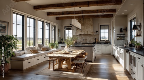 Wallpaper Mural Rustic Elegance: A light-filled open-plan kitchen and dining area showcasing a stylish blend of rustic design and modern comfort, an inviting space, the perfect place to entertain or relax. Torontodigital.ca