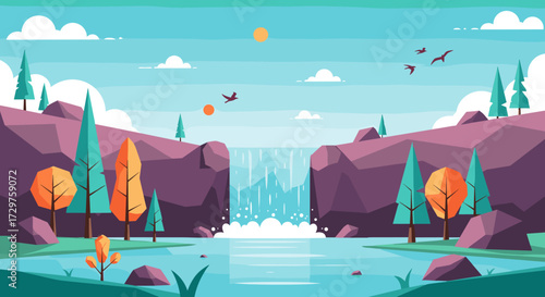 A beautiful natural landscape with a cascading waterfall surrounded by trees and rocky hills under a bright sunny sky.