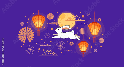 A rabbit leaps across the moonlit sky surrounded by lanterns and festive decorations.