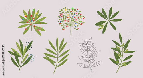 An assortment of diverse green leaves and botanical illustrations on a muted background.