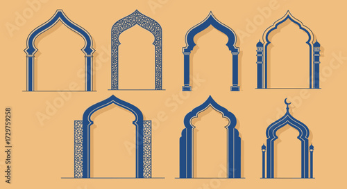 A collection of decorative architectural archways with intricate Islamic patterns and ornamentation in blue and gold.