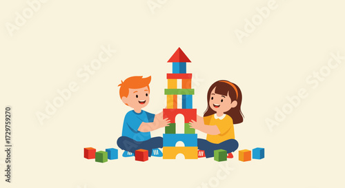 Two happy young children playing together building a tall tower with colorful blocks.