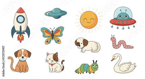 A whimsical collection of cute cartoon illustrations featuring animals and space objects.