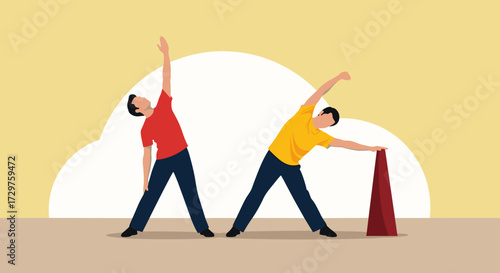 Two men stretching their bodies in a geometric pose during a workout session.