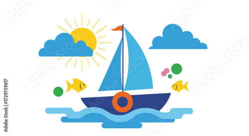 A delightful blue sailboat glides across the ocean waves under a bright sunny sky with fluffy clouds and playful fish swimming nearby.