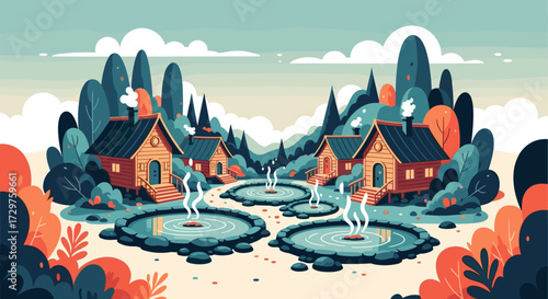 A serene village with steaming hot springs nestled amidst lush green trees and colorful foliage.