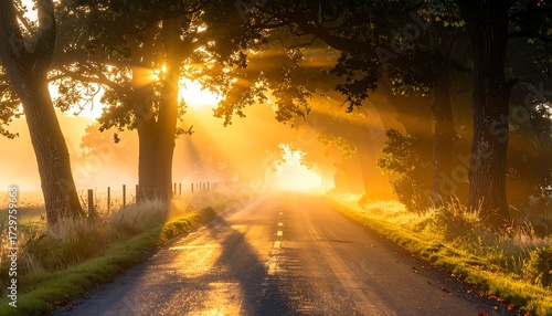 A road with sunlight streaming through trees creates a golden, hazy, and serene atmosphere. The sun's rays illuminate the pathway