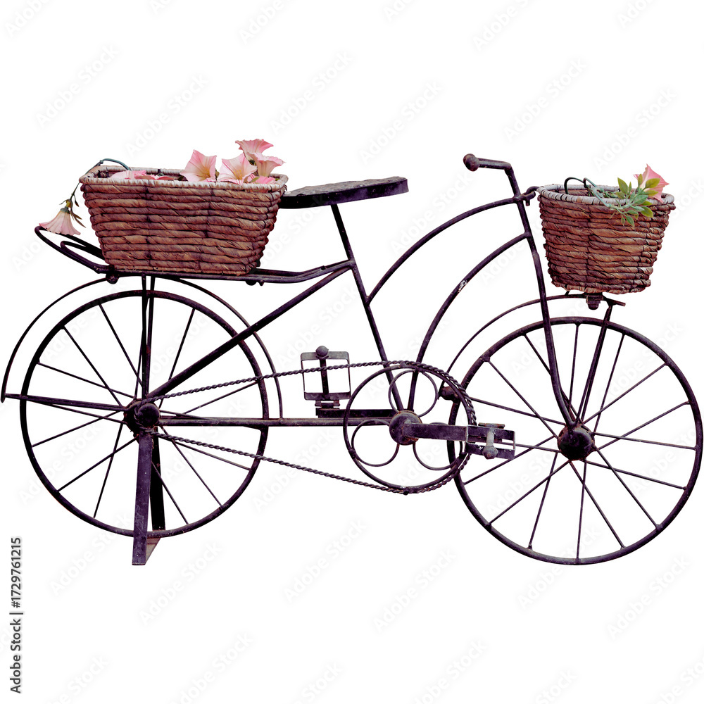 Fototapeta premium Vintage bicycle with wicker baskets on black background