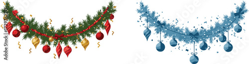 Christmas garland with ornaments, festive holiday decoration, Christmas hanging baubles design, New Year winter decoration, merry celebration, seasonal illustration, holiday art