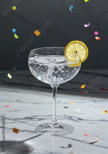 Sparkling Cocktail Celebration: A glamorous cocktail, adorned with a lemon slice, embodies the essence of festivity as vibrant confetti dances around it, perfect for any celebration.