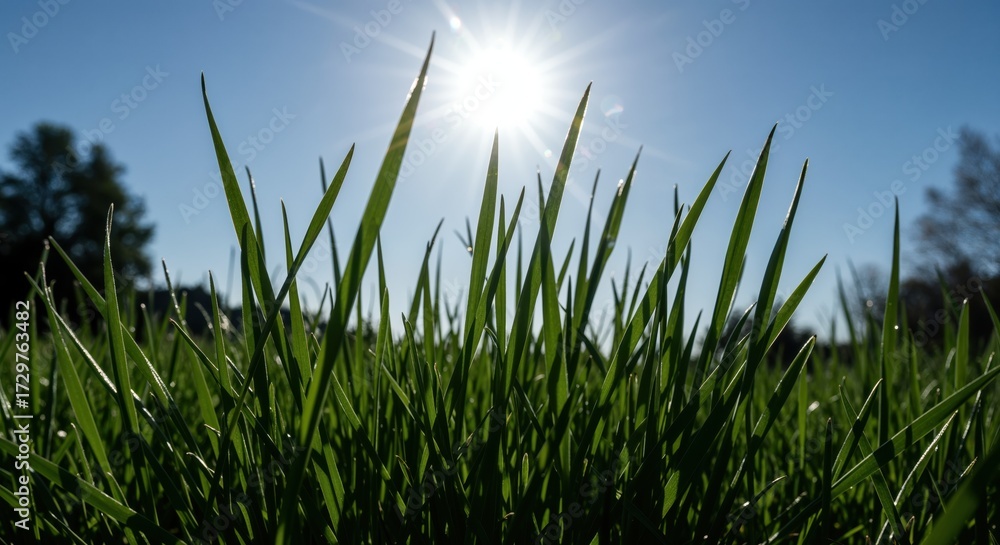 Obraz premium Sunlit Blades of Grass: Close-up of vibrant green grass bathed in the radiant light of the sun, capturing the natural beauty and the essence of a perfect sunny day.