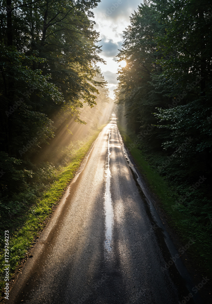 Fototapeta premium Road to Serenity: An inviting asphalt road, glistening with moisture, pierces through a verdant forest, illuminated by shafts of sunlight and hinting at a bright horizon. 