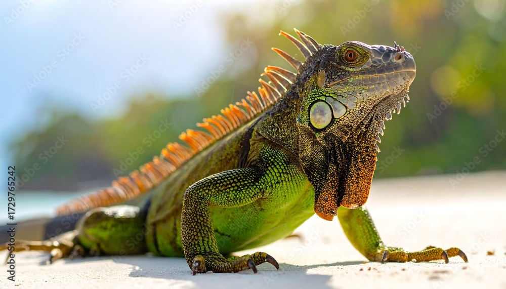 Obraz premium Vibrant iguana on a sandy beach
