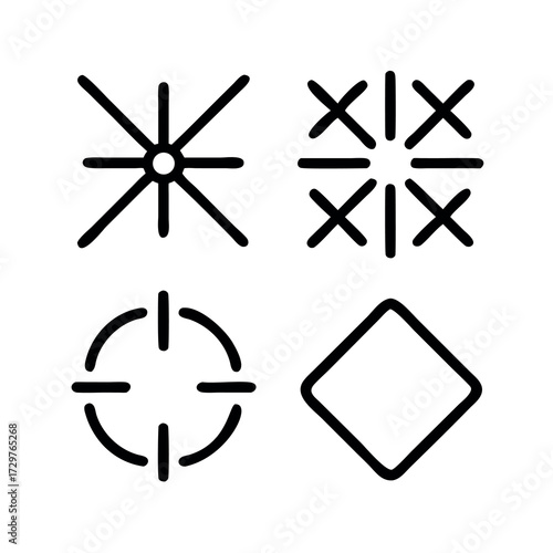 Four hand drawn geometric symbols including a starburst target and diamond shape