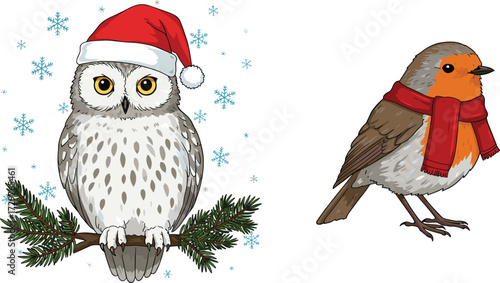 Christmas owl with Santa hat, winter robin bird with red scarf, festive holiday animals illustration, seasonal wildlife decoration, Christmas artwork