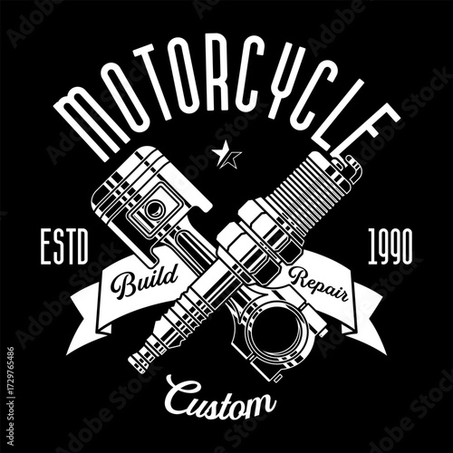 motorcycle repair and custom shop vintage style monochrome vector logo design graphic features crossed piston and spark plug banner text motor branding apparel and merchandise