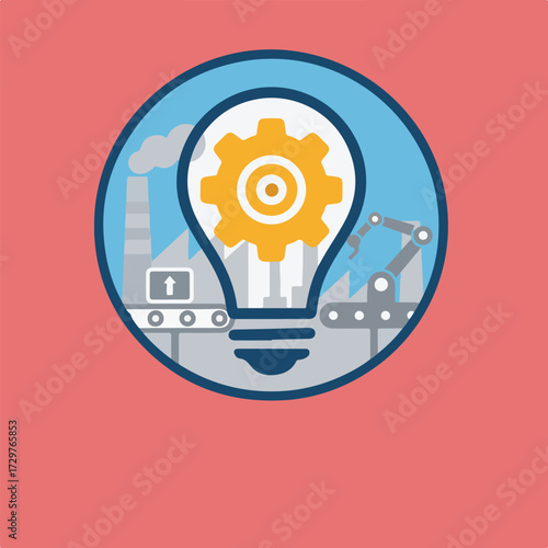 Illustration of a light bulb with a gear inside, set against a factory and robotic arm in a circle on a salmon-colored background.