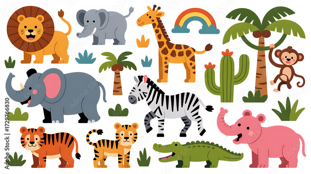 Obraz premium Jungle safari adventure cute animals collection animated style for kids theme isolated on transparent background