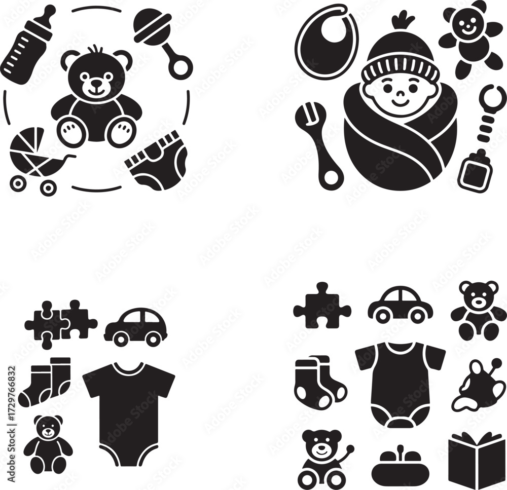 Obraz premium Baby items and toys collection teddy bear stroller