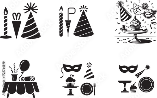 Celebration party icons with masks and cupcakes birthday