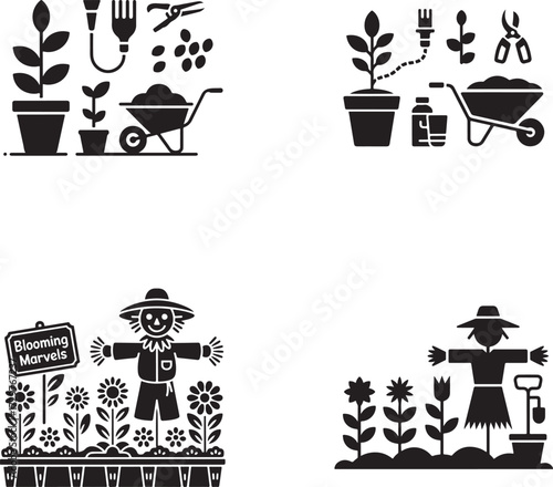 Gardening tools plants scarecrow flowers pots wheelbarrow