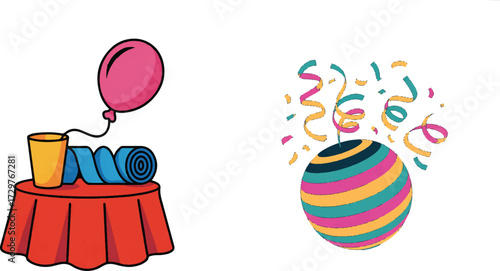 Pink balloon yellow cup blue roll on red table party ball confetti