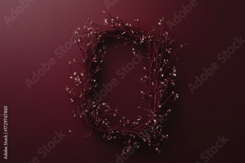 A decorative wreath of dried branches and small flowers, set against a deep burgundy background, creates a serene and elegant composition.