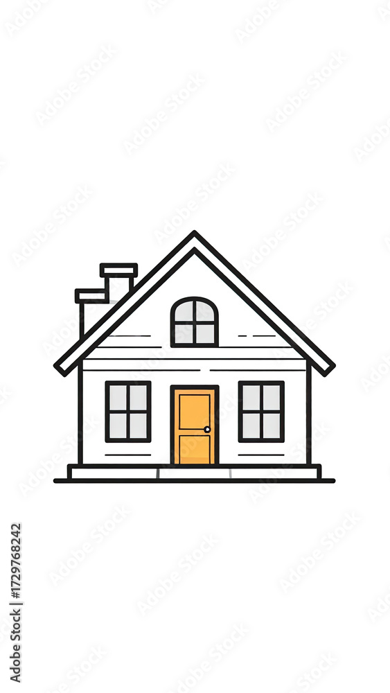 Fototapeta premium Simple, outlined illustration of a two-story house. Front facade with windows, door, and chimney. Flat design, light-colored exterior