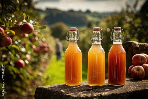 Three glass bottles filled with amber liquid stand on a stone surface with an apple orchard in the background