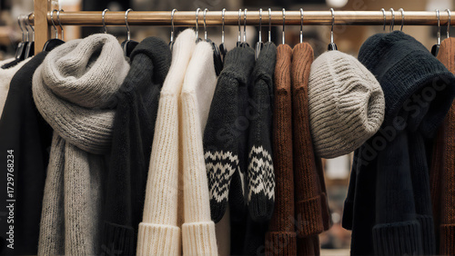 Close-up details of knitted gloves, scarves and wool hats hanging on hangers in a winter accessories shop