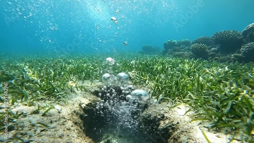 Dynamic abstract patterns formed by countless tiny bubbles swirling and coalescing in a dark, mysterious deep-sea environment, creating an ethereal spectacle. no data