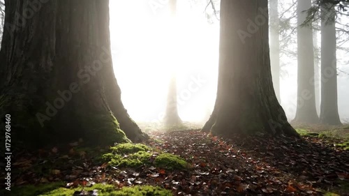 Highlighting the soft, diffused light and muted colors created by heavy fog, focusing on the textures of trees and ground. no data