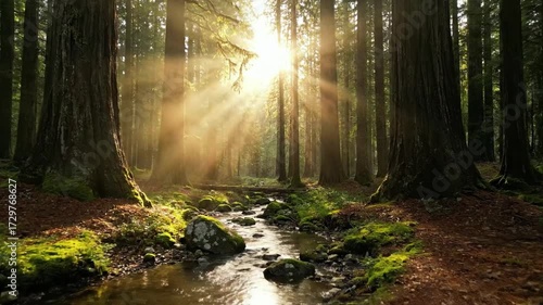 Observing the tranquil flow of a crystal-clear forest stream winding through smooth, water-worn rocks, reflecting the soft, diffused light of dawn. no data
