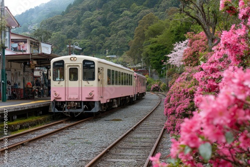 A pink train pulls into a station flanked by lush greenery and vibrant azaleas