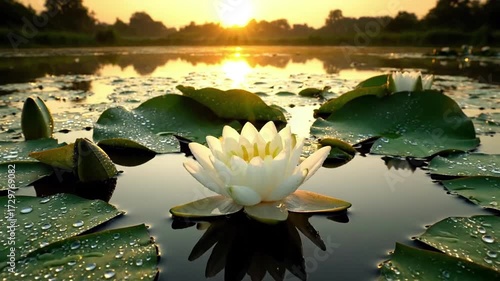 A slow-motion capture of a water lily bloom slowly unfurling its petals at dawn, revealing its intricate center, with dew drops glistening on the surface. no data